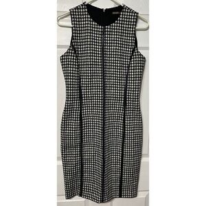 J.McLaughlin S Houndstooth Sleeveless Sheath Dress Black White Faux Leather Trim